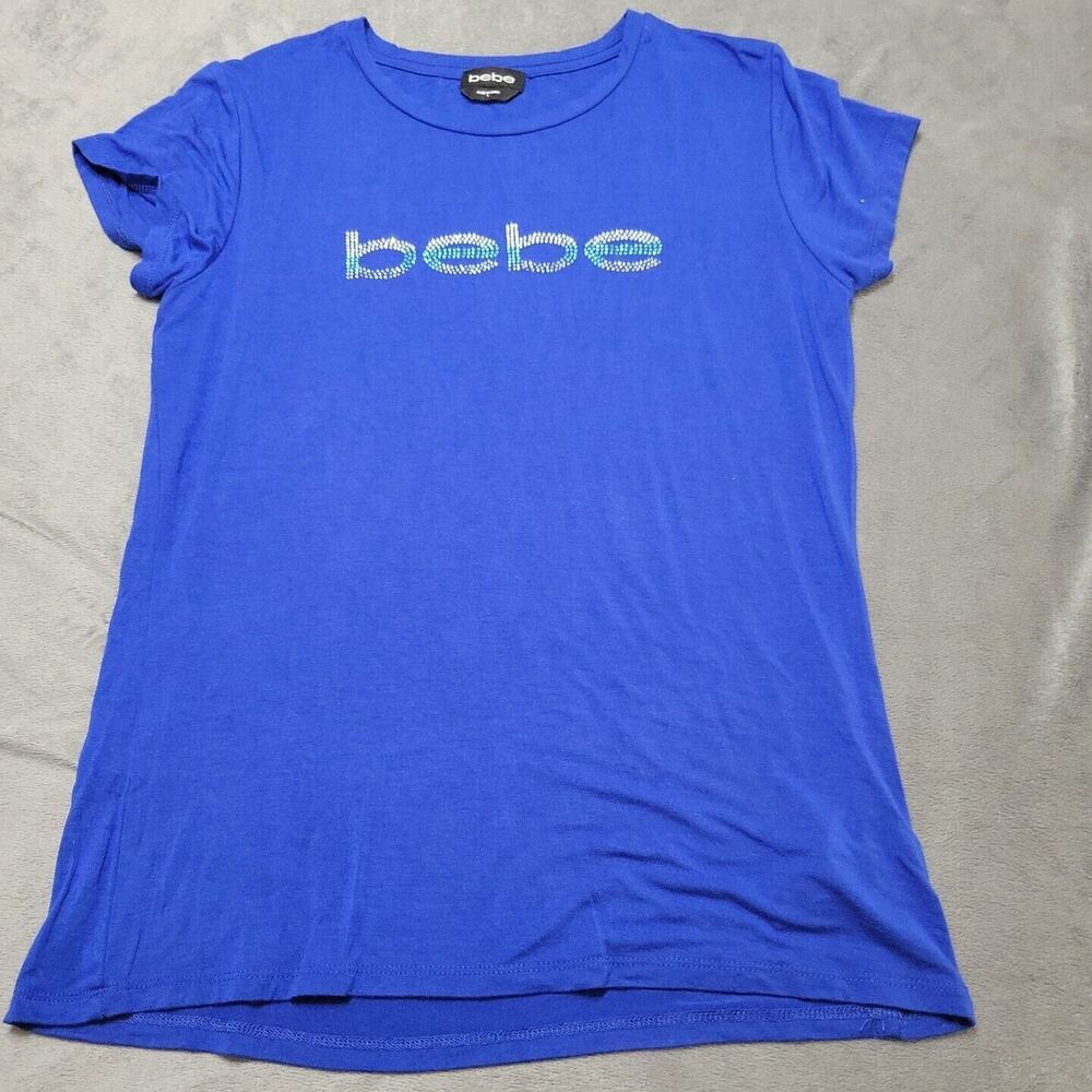 Bebe Shirt Womens Size‎ Large Blouse Blue Bling Tee Comfort Stretch Spellout Top